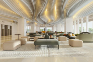 Luxury Hotel Waiting Area With Armchairs,  Elevators And Plants
